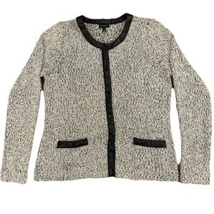 Talbots Medium Sweater Jacket Faux Leather Trim Gray Black Button up pockets